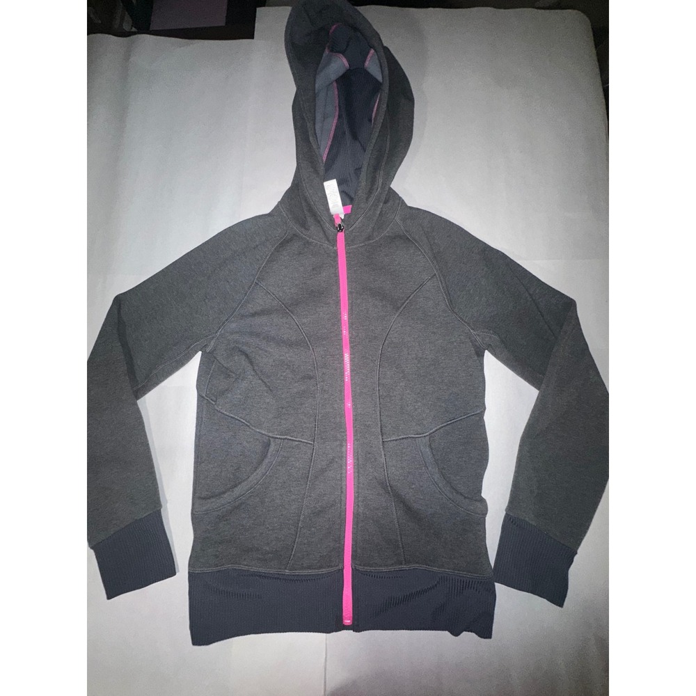 Athleta Girl Gray Full Zip Hoodie Neon Pink Trim XL 14 Activewear Sweatshirt